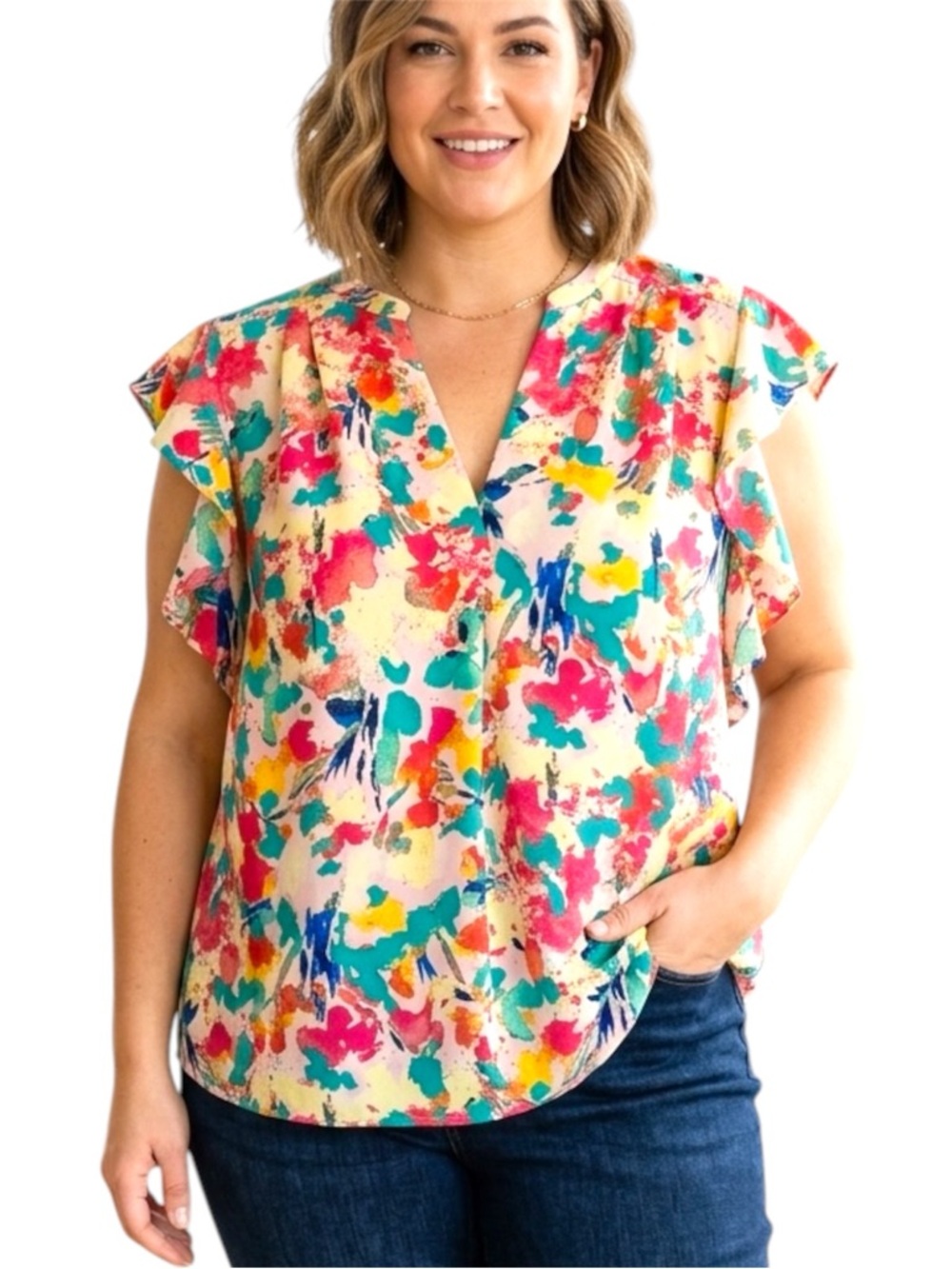 Zac & Rachel Watercolour Floral Flutter Sleeve Blouse Top Size Xlarge